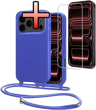 Hoes Geschikt voor iPhone 17 Pro Met Telefoonkoord Met Screenprotector - Siliconen Hoesje Backcover Met Ketting - Felblauw