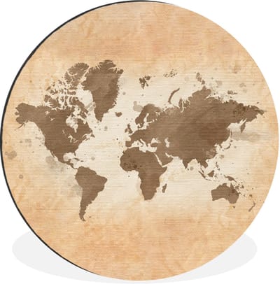 WallCircle - Wandcirkel - Muurcirkel - Wereldkaart - Beige - Bruin - Aluminium - Dibond - 30x30 cm - Binnen en Buiten