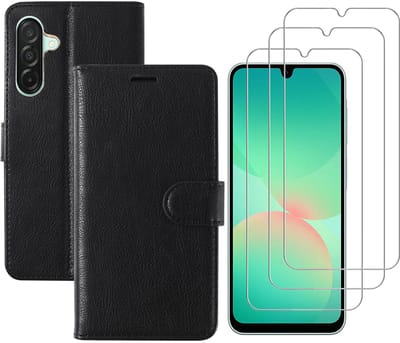 Hoesje geschikt voor Samsung Galaxy A26 bookcase Zwart - Met screenprotector tempered glass Galaxy A26 - 3x