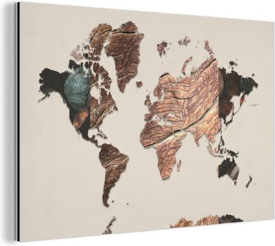 Wanddecoratie Metaal - Aluminium Schilderij Industrieel - Wereldkaart - Hout - Bruin - 180x120 cm - Dibond - Foto op aluminium - Industriële muurdecoratie - Voor de woonkamer/slaapkamer