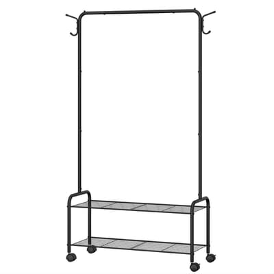 Kledingrek – Voor Slaapkamer & Hal – Kledingrek met 2-Vaks Opbergrek, 3-in-1 Ontwerp, 4 Wielen en 4 Haken – Zwart
