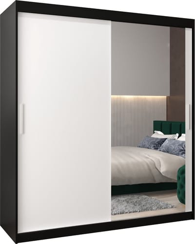 InspireMe - Kledingkast met 2 schuifdeuren, Modern-stijl, Kledingkast met planken (BxHxD): 180x200x62 - TORM II 180 Zwart Mat + Wit Mat