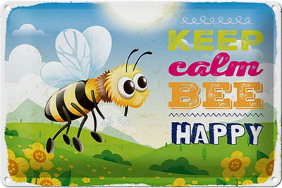 Blechschild Spruch 12x18 cm Keep calm bee happy Biene Wiese Deko Schild