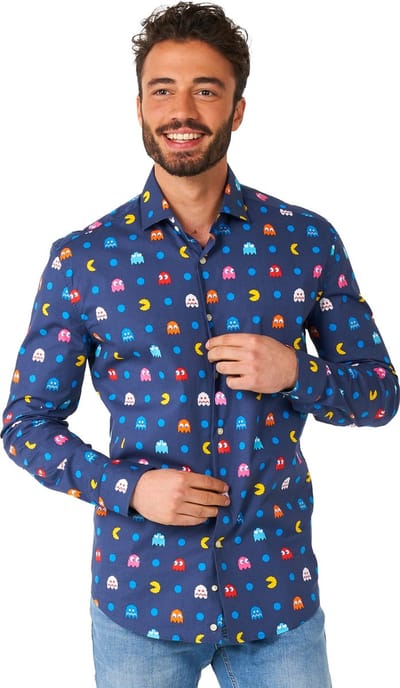 OppoSuits Lange Mouwen Overhemd Pixel PAC-MAN - Heren Overhemd - Carnavalskleding - Casual Gaming PAC-MAN Shirt- Wit - Maat EU 39/40