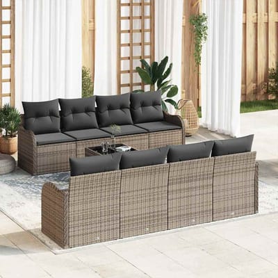 vidaXL Tuinbank Set met kussen 9 pcs Grijs Poly Riet en Staal en Glas