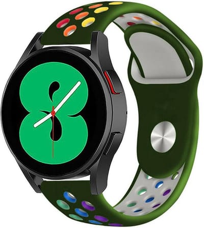 Strap-it Sport bandje - geschikt voor Samsung Galaxy Watch 7 (40 & 44mm) / Galaxy Watch 6 (Classic) / Galaxy Watch 5 / 5 Pro / Watch 4 / 4 Classic / Watch FE - sport siliconen bandje voor Galaxy Watch 4-5-6 alle varianten - legergroen/kleurrijk