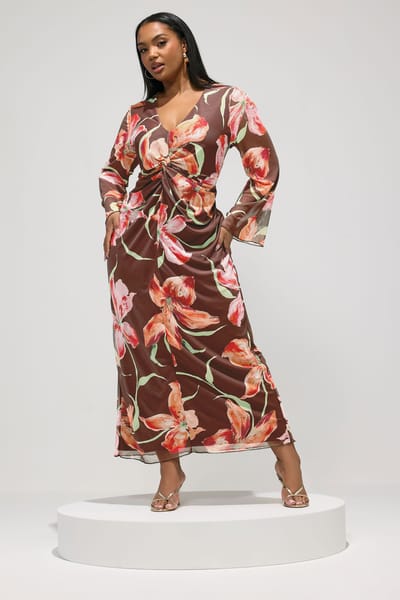 Yours London Bruine Mesh Maxijurk Met Bloemenprint Size 42