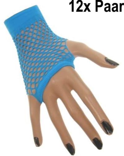 12x Paar Nethandschoen vingerloos kort fluor blauw - Thema feest festival party fun themafeest