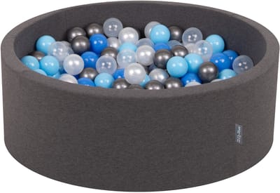 KiddyMoon ballenbad 90x30cm met 200 ballen ∅ 7cm ballenbad met kleurrijke ballen - voor baby's kinderen rond - donkergrijs: parelmoer blauw babyblauw transparant zilver