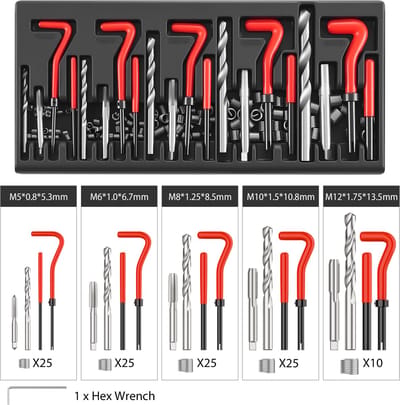 NAVOBIZ 131-delige helicoil set - Draadreparatieset - Draadinsert - M5 t/m M12 - Opbergkoffer - Hoogwaardig staal - Rood