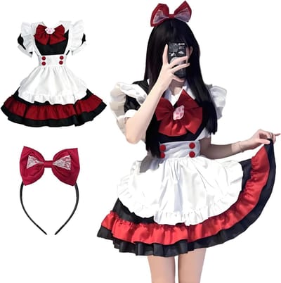Zwarte en Rode Maid Kostuum voor Cosplay, Anime Feest, Halloween en Carnaval met Strikjes en Hoofdband