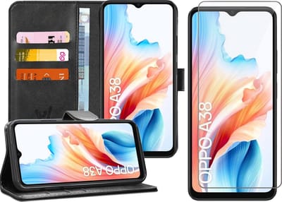 Hoesje geschikt voor Oppo A38 4G / A18 - Screenprotector Glas - Portemonnee Book Case Zwart