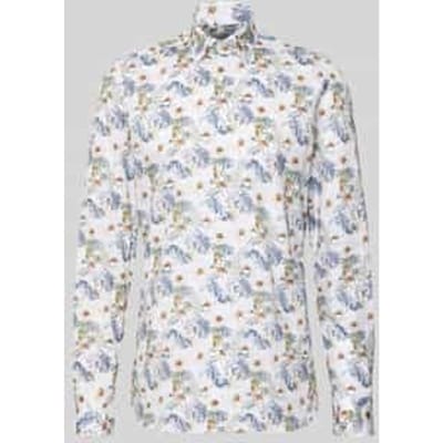 OLYMP Level 5 body fit overhemd - mouwlengte 7 - dobby - wit met blauw en bruin bloemen dessin - Strijkvriendelijk - Boordmaat: 43 (EU maat: XL)