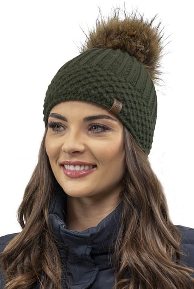 Vivisence Dames Wintermuts - Zachte Gebreide Muts Met Omgeslagen Rand Pompon Van Kunstbont En Warme Fleecevoering - Comfortabele Pasvorm En Betrouwbare Warmte Tijdens Koude Dagen Buiten - Groen