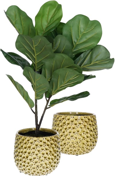 Mega Collections Plantenpot/bloempot Pebblo - 2x - keramiek/geglazuurd - geel - druppels - D21 x H17 cm