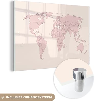 ® Glasschilderij 150x100 cm - Schilderij acrylglas - Wereldkaart - Simpel - Roze - Foto op glas - Muurdecoratie woonkamer - Wanddecoratie slaapkamer - Schilderijen