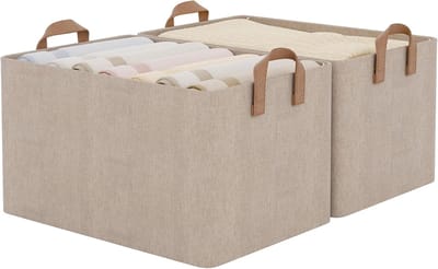Kledingkast opbergdozen, 45L opbergmanden voor kledingorganisatie, grote opvouwbare manden voor planken, stoffen opbergbakken met handvatten voor slaapkamer, bruin, set van 2