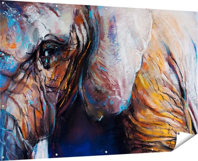 Gards Tuinposter Getekende Olifant van Dichtbij - Abstract - 180x120 cm - Tuindoek - Tuindecoratie - Wanddecoratie buiten - Tuinschilderij