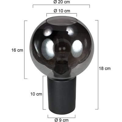 Tafellamp Sferio 4380ZW van Mexlite met rookglas kap Ø20 cm, metalen voet in matzwart, stijlvol modern design voor binnen gebruik