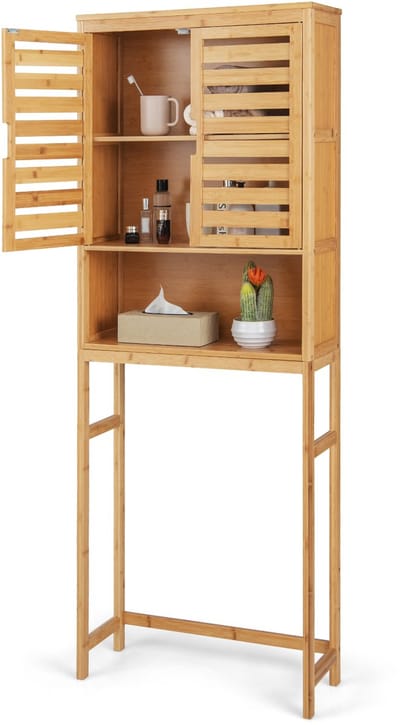 COSTWAY Toiletkast van bamboe, toiletrek met 2 lamellendeuren, open plank en verstelbare dwarsbalken, badkamerrek, vrijstaand, bovenbouwkast, wasmachinerek, 62 x 23 x 170 cm, naturel