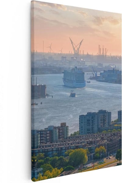 Artaza Canvas Schilderij Skyline Rotterdam - 20x30 cm - Klein - Wanddecoratie Zonsondergang - Muurdecoratie Haven - Kamer Accessoires Woonkamer