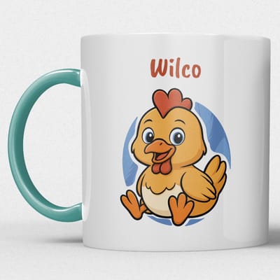 kindermok/kinderbeker | gepersonaliseerd met naam | met kip | zeegroen blauw | Schattige illustraties