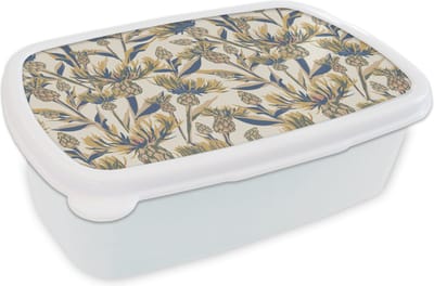 Broodtrommel Wit - Lunchbox - Brooddoos - Bloemen - Patroon - Design - Natuur - 18x12x6 cm - Volwassenen