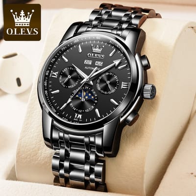 HO-6633.zw : OLEVS mechanisch zwart edelstaal horloge, tachymeter, maand-dag, week-dag, jaar, maand, 24u maanfase - aanduiding
