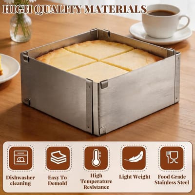 Verstelbaar vierkant bakframe van roestvrij staal, 16 x 16 tot 27 x 27 cm, ideaal voor moussetaarten, taarten en desserts, 10 cm hoog