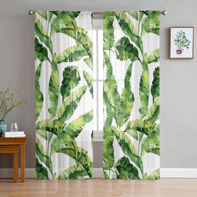 Groene Bladeren Jungle Plant Natuur Modern Tule Gordijnen Voor Woonkamer Transparant Gordijn Slaapkamer Voile Decoratieve Raambekleding 135W x 114H(cm)