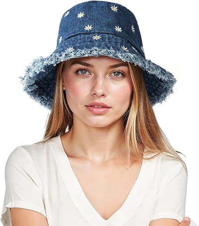 VHV - Vissershoedje Dames - UPF 50+ UV-bescherming Zonnehoed - Opvouwbare Denim Bucket Hat van Ademend Katoen met Madeliefje Borduursel - Retro Strandhoed voor Tieners en Vrouwen -Blauw