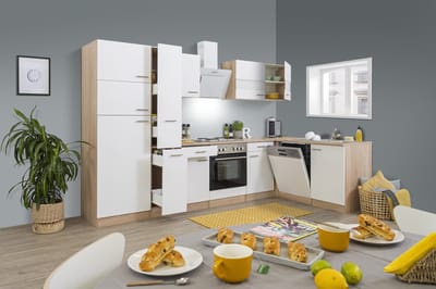 Hoekkeuken 310 cm - complete keuken met apparatuur Merle - Eiken/Wit - soft close - elektrische kookplaat - vaatwasser - afzuigkap - oven - spoelbak