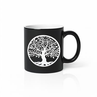 Levensboom Black Magic Mok 330ml – Zwarte Koffiemok met Elegante Witte Boom – Spiritueel Cadeau voor Natuurliefhebbers