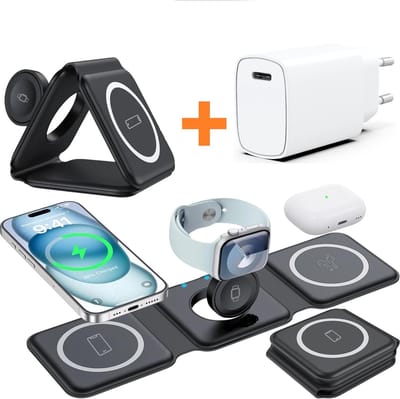 3 in 1 Draadloze Oplader Pro met USB C Adapter 20w - Magnetisch & Inklapbaar Oplaadstation geschikt voor Apple iWatch