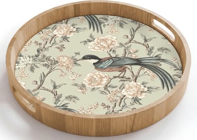 Dienblad rond 40x40 cm - Schootdienblad hout - Bloem - Vogel - Kleurrijk - Borrelplank rechthoek - Plateau houten dienbladen