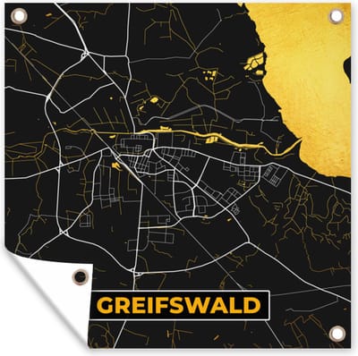 Tuin poster Duitsland – Black and Gold – Greifswald – Stadskaart – Kaart – Plattegrond - 200x200 cm - Tuindoek
