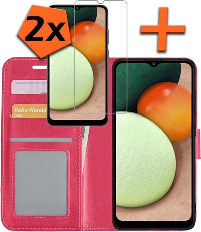 Hoes - Met 2x Screenprotector - Geschikt voor Samsung Galaxy A02s - Luxe Pasjeshouder - Bookcase Portemonee - Flip Case - Kunstleer Book Case - Flipcase Hoes - Book Cover - Walletcase - PortemonneeHoes - Donkerroze