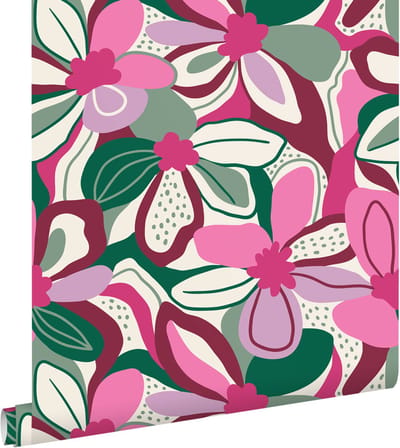 ESTAhome behang bloemmotief fuchsia roze, groen en wit - 50 x 900 cm - 131131