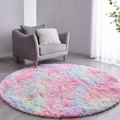 Rond Hoogpolig Vloerkleed voor Woonkamer en Slaapkamer - Pluizig Tapijt in Regenboogkleuren (150 cm)