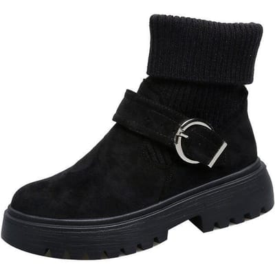 Bottes chaussettes montantes tissées volantes à enfiler pour femmes Bottes Martin mi-tubes tricotées Bottes simples 35 noir