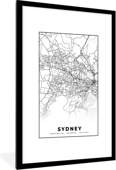 Fotolijst incl. Poster Zwart Wit- Sydney - Zwart Wit - Plattegrond - Stadskaart - Kaart - 80x120 cm - Posterlijst