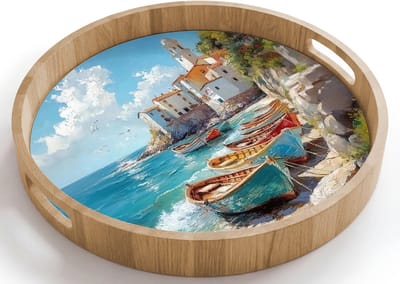 Dienblad rond 40x40 cm - Schootdienblad hout - Boten - Rotsen - Zee - Zon - Borrelplank rechthoek - Plateau houten dienbladen