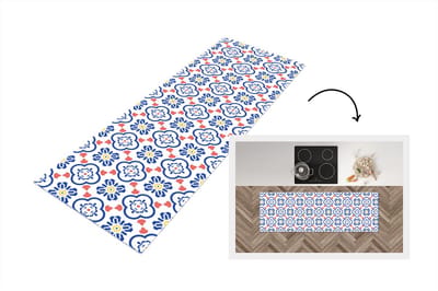 Keukenloper - Loper keuken - Bloem - Blauw - Rood - Patroon - 150x50 cm - Keukenloper vinyl