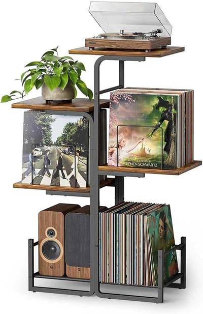 Platenspeler Standaard met Vinyl Opslag – LP Rek met 3 Legplanken – Hout & Metaal – 60x30x102 cm