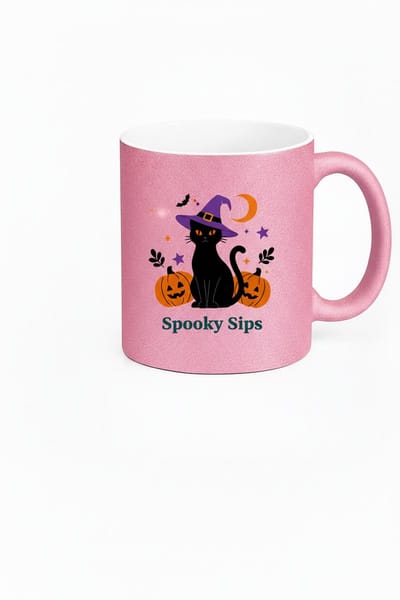 Spooky Sips Halloween Mok - Roze Glitter Kat Heks Design