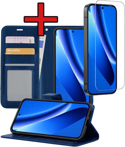 Hoesje - Met Screenprotector - Geschikt voor Google Pixel 10a - Luxe Pasjeshouder - Flipcase - Bookcase Portemonee - Flip Case - Kunstleer Book Case - Book Cover - Walletcase - Portemonneehoes - Telefoonhoes - Donkerblauw