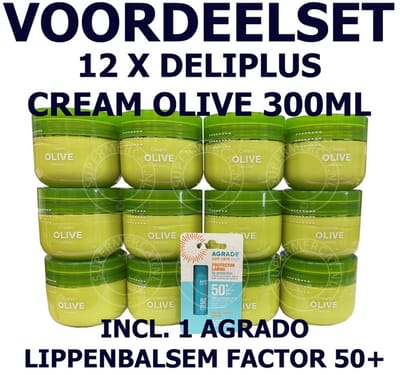 Voordeelset met 12 x Deliplus Crema Oliva 300ml en 1 x Agrado Lippenbalsem 4ml met SPF50+
