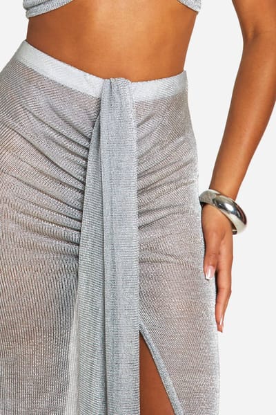 boohoo Dames Gebreide maxi-rok met draperie aan de voorkant | Zilver | Maat: 38