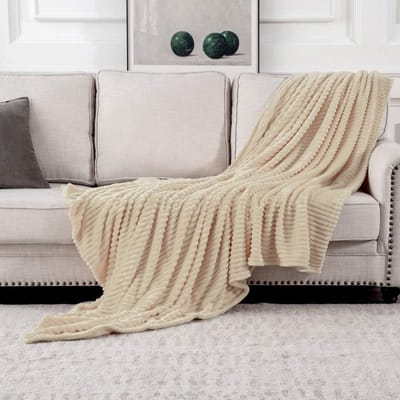 220 x 240 cm - Velours Fluwelen Plaid van Flanel Fleece - Extra Zacht en Warm - 100% Polyester - Tijdloze Gestreepte Design - Ideaal voor Bank, Bed en Outdoor - Khaki