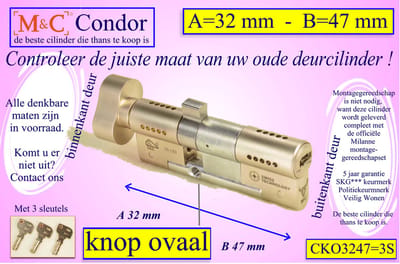 M&C Condor high security deurcilinder met Knop OVAAL 32x47 mm - SKG*** - Politiekeurmerk Veilig Wonen - inclusief gereedschap MilaNNE montage gereedschapset